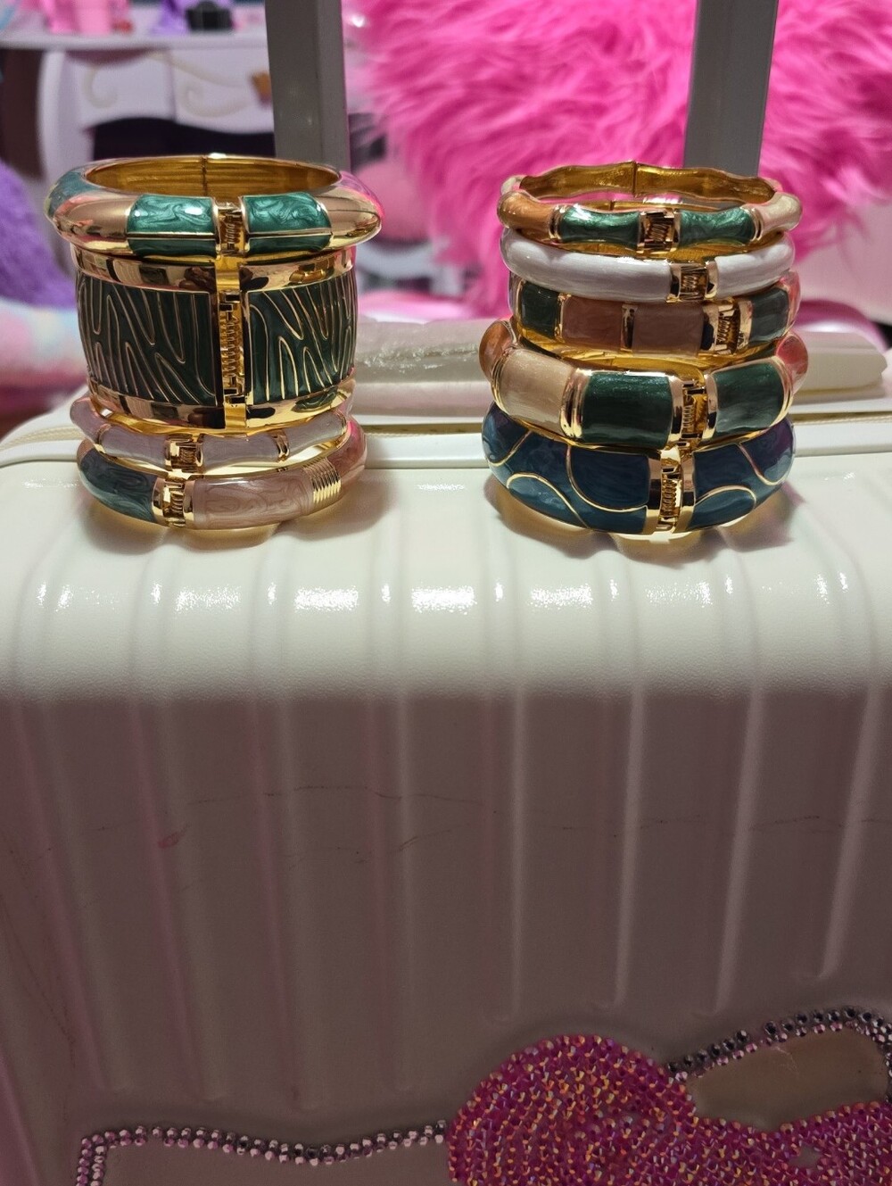 Gold-Tone Enamel Stackable Bangle Bracelets - Green & Cream